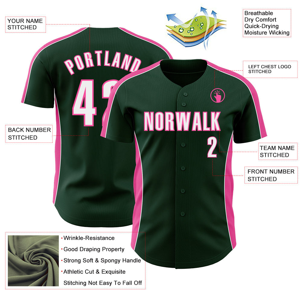 Custom Green White-Pink Classic Color Block Side Panel Stripe Authentic Baseball Jersey