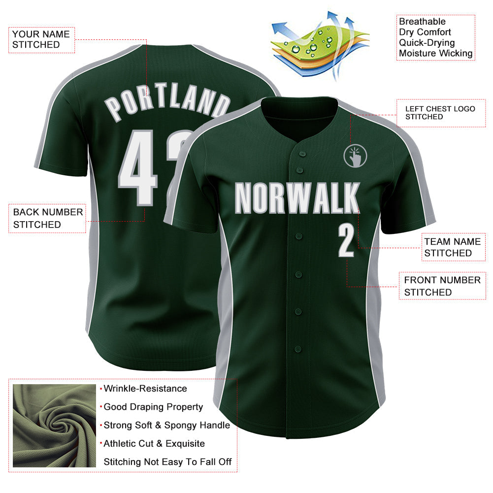 Custom Green White-Gray Classic Color Block Side Panel Stripe Authentic Baseball Jersey