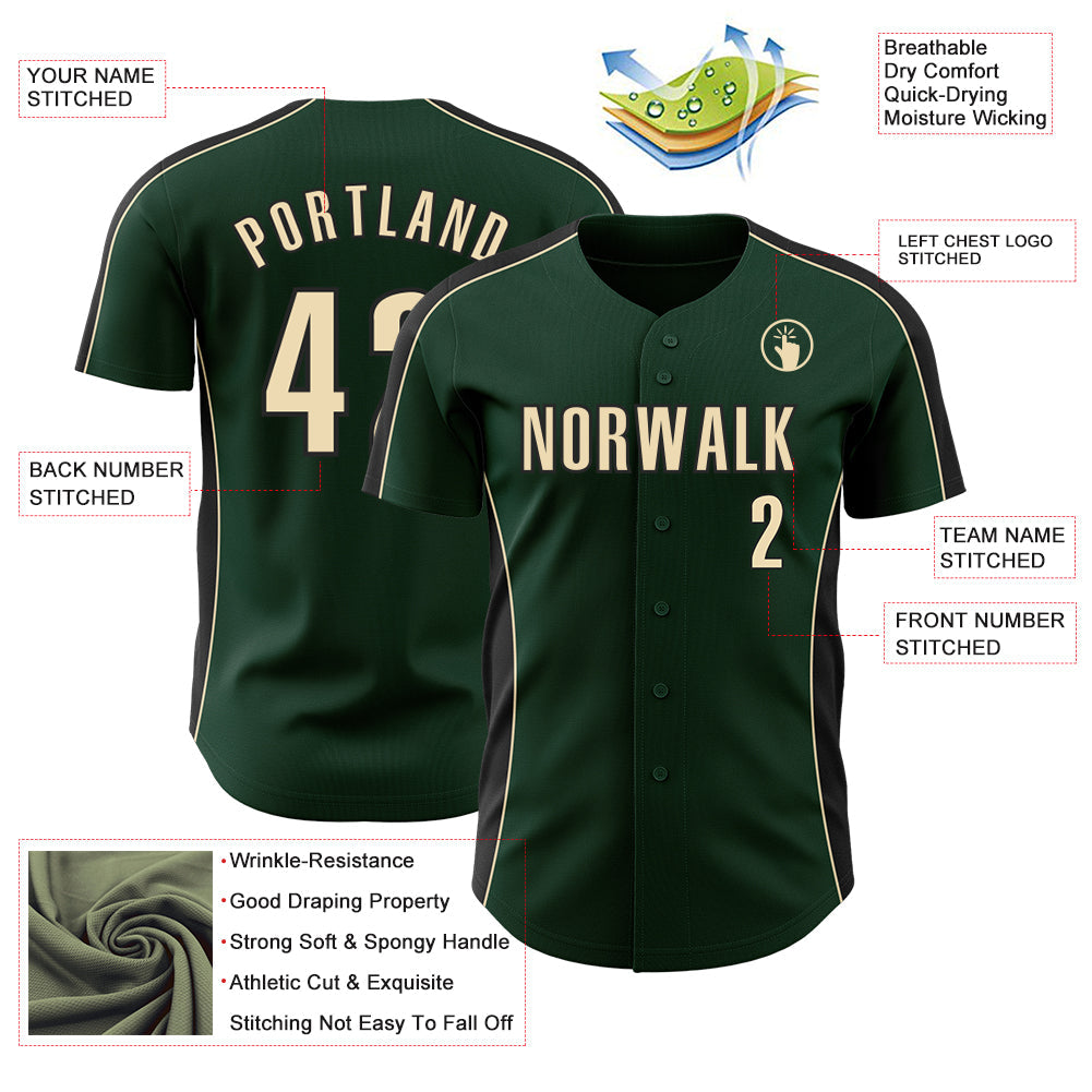 Custom Green Cream-Black Classic Color Block Side Panel Stripe Authentic Baseball Jersey