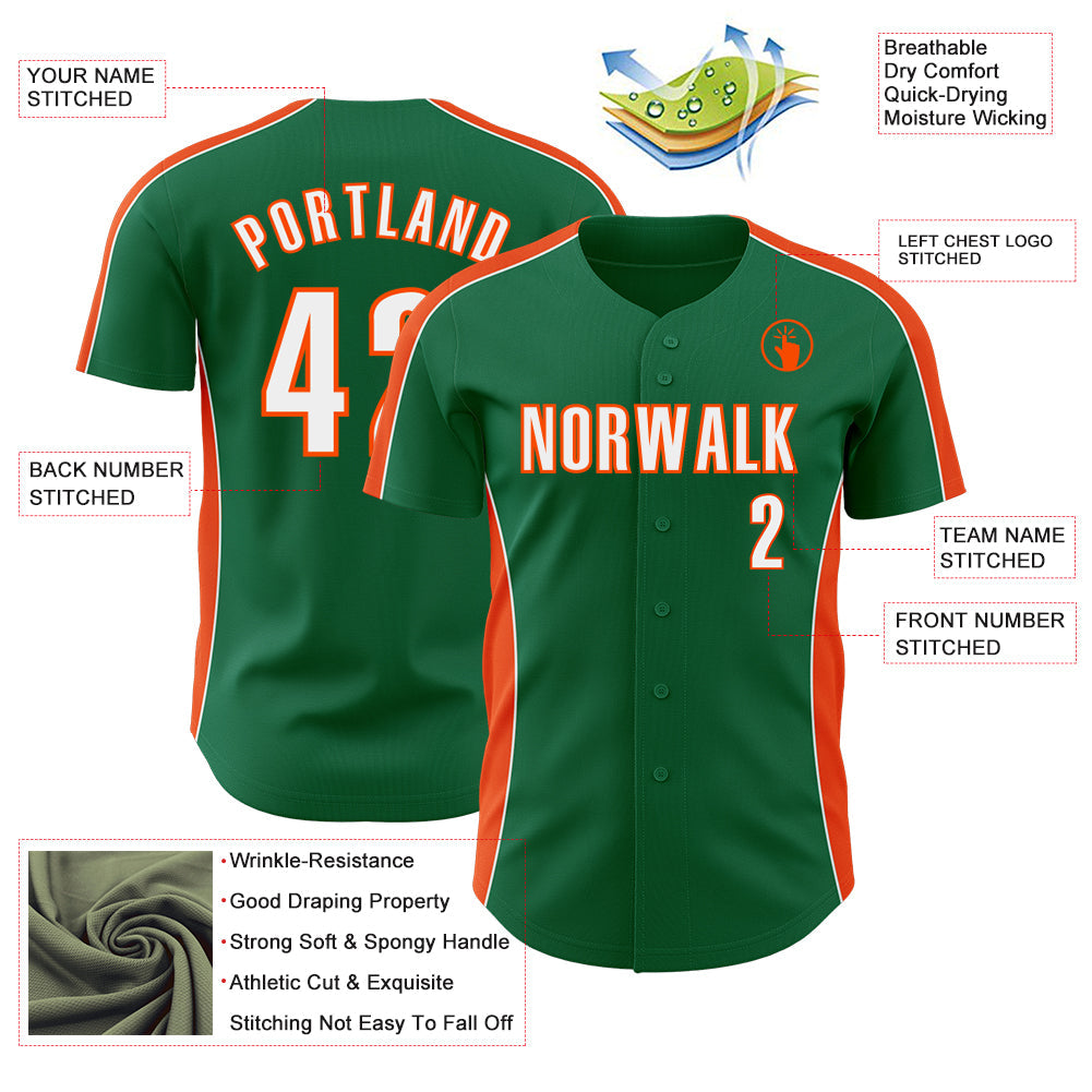 Custom Kelly Green White-Orange Classic Color Block Side Panel Stripe Authentic Baseball Jersey