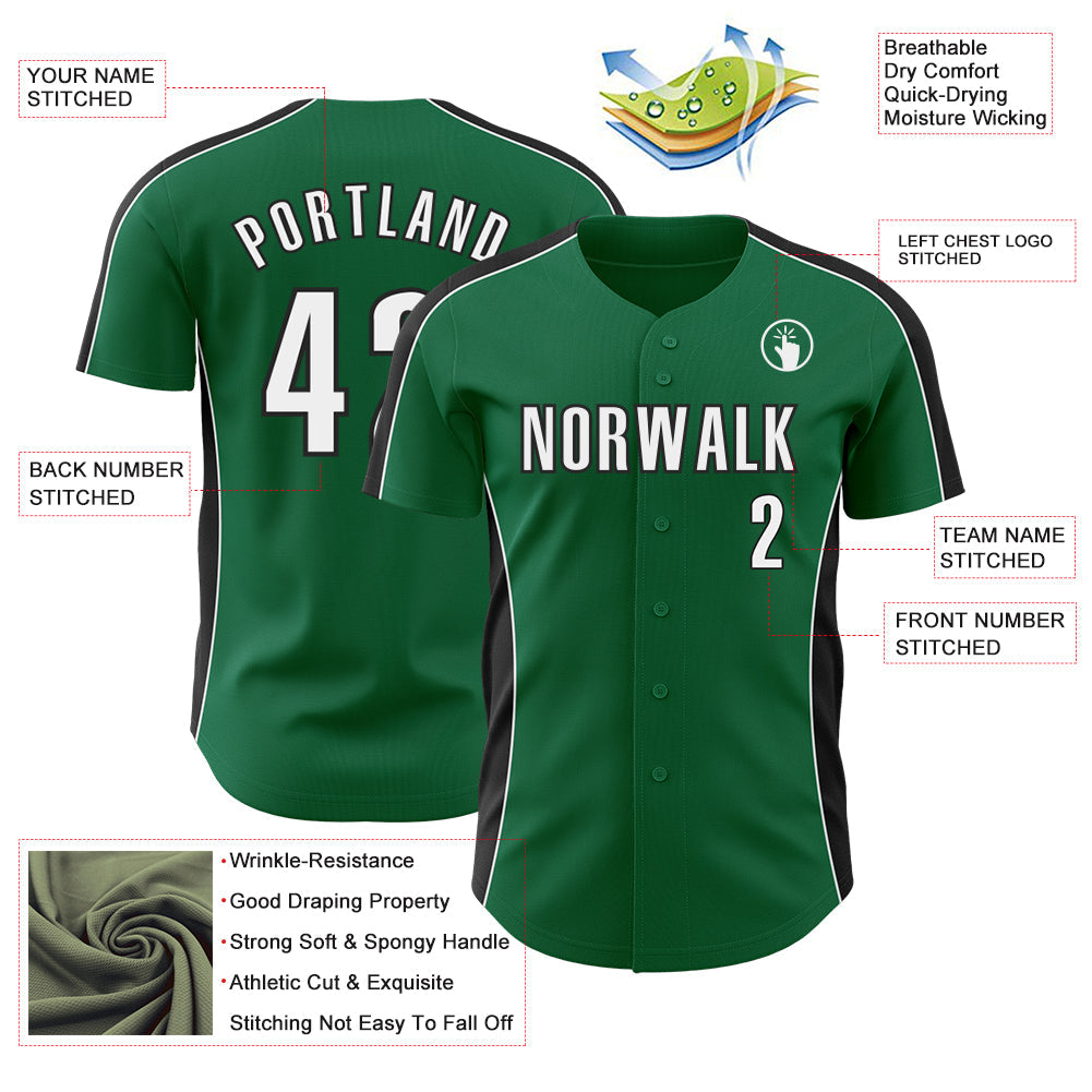 Custom Kelly Green White-Black Classic Color Block Side Panel Stripe Authentic Baseball Jersey
