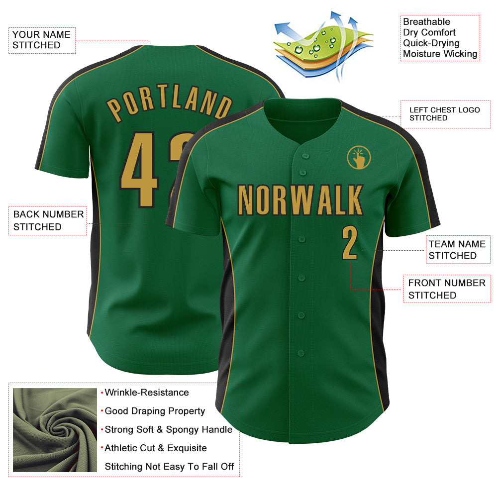 Custom Kelly Green Old Gold-Black Classic Color Block Side Panel Stripe Authentic Baseball Jersey