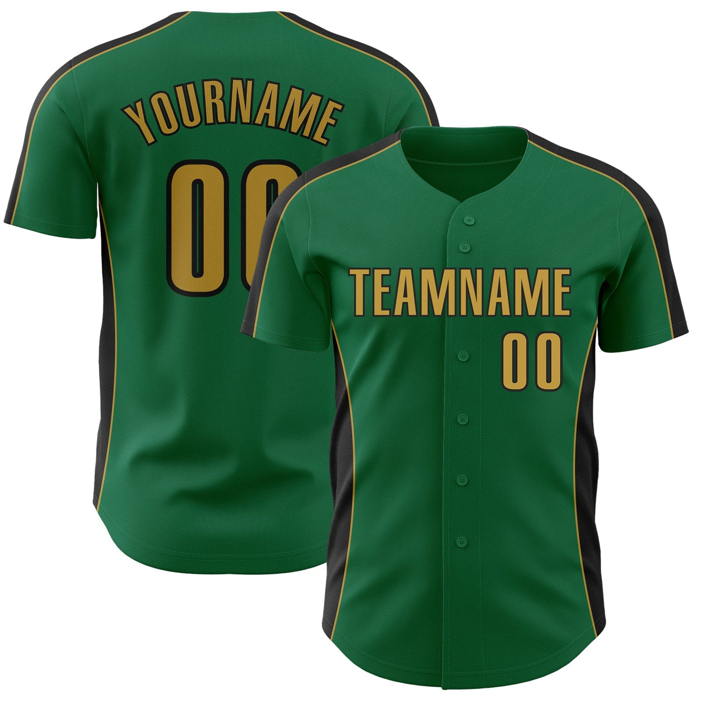 Custom Kelly Green Old Gold-Black Classic Color Block Side Panel Stripe Authentic Baseball Jersey