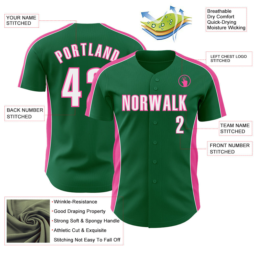 Custom Kelly Green White-Pink Classic Color Block Side Panel Stripe Authentic Baseball Jersey