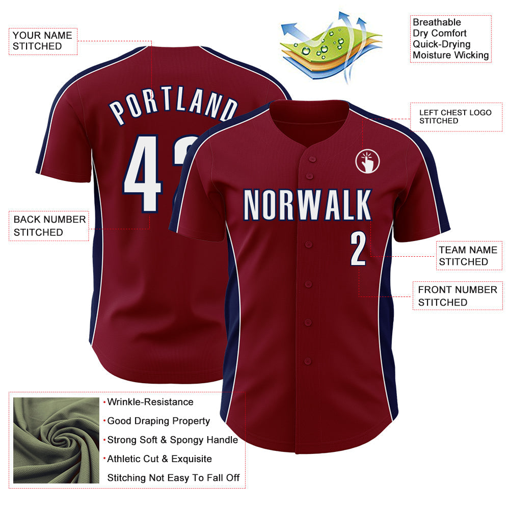 Custom Crimson White-Navy Classic Color Block Side Panel Stripe Authentic Baseball Jersey