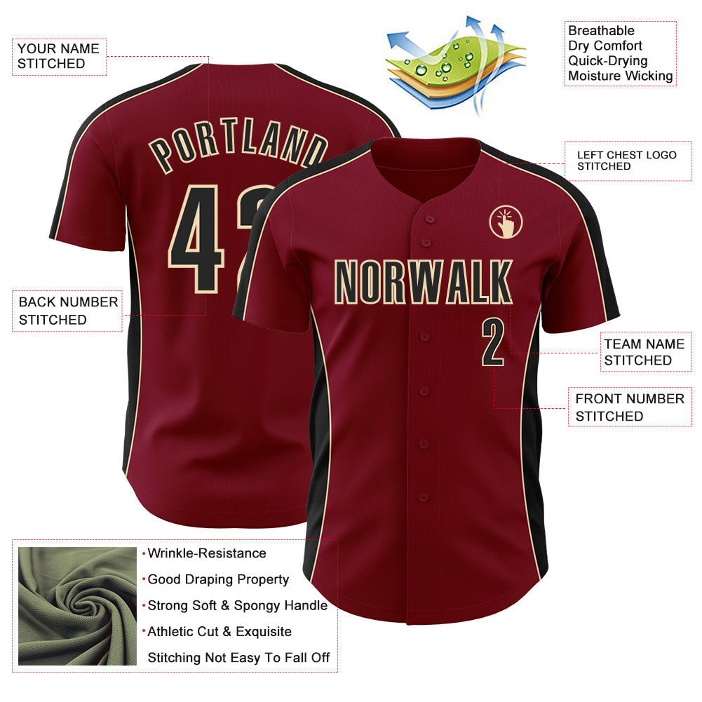Custom Crimson Black-Cream Classic Color Block Side Panel Stripe Authentic Baseball Jersey