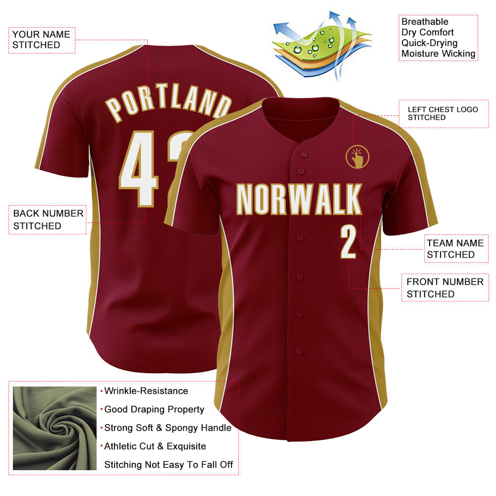 Custom Crimson White-Old Gold Classic Color Block Side Panel Stripe Authentic Baseball Jersey