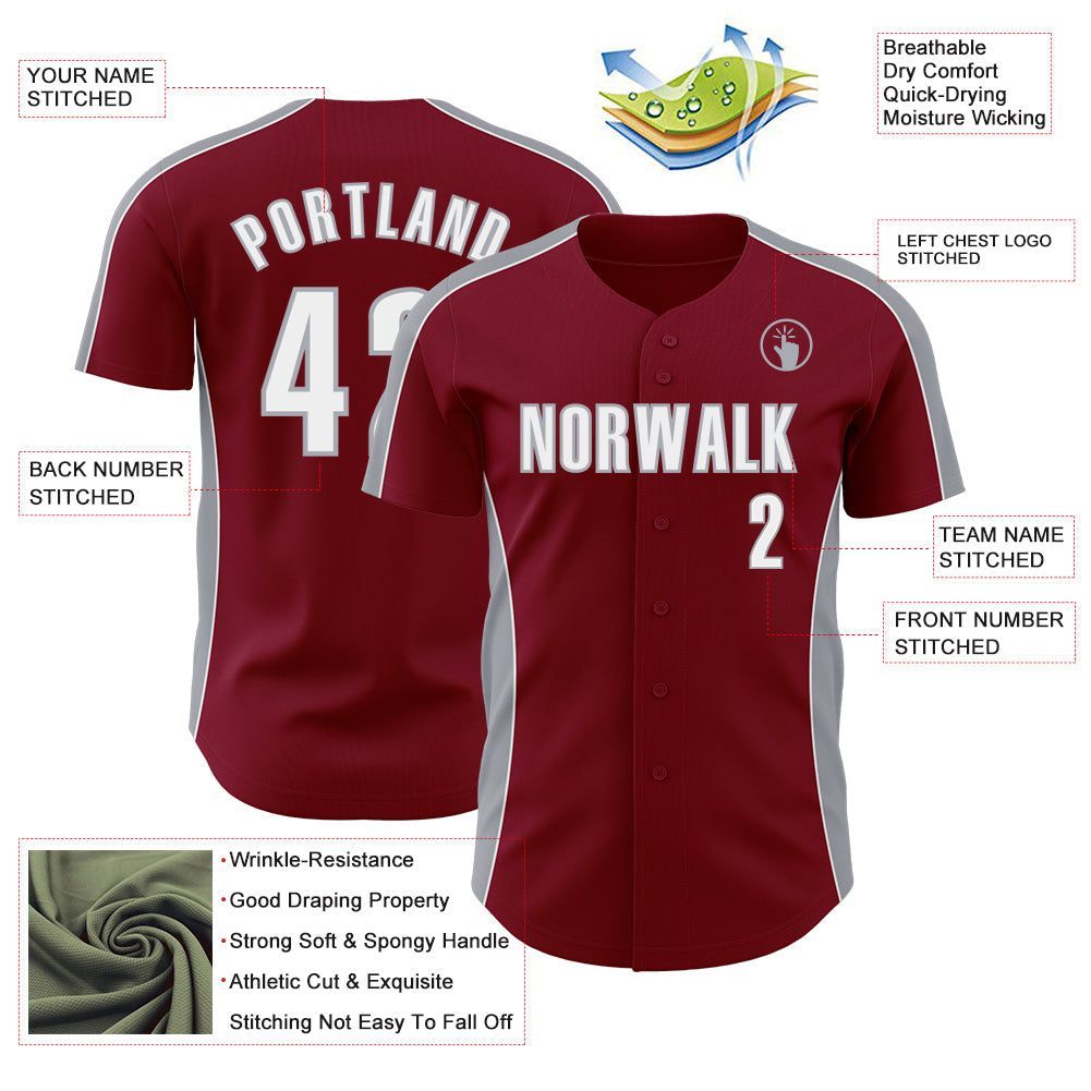 Custom Crimson White-Gray Classic Color Block Side Panel Stripe Authentic Baseball Jersey