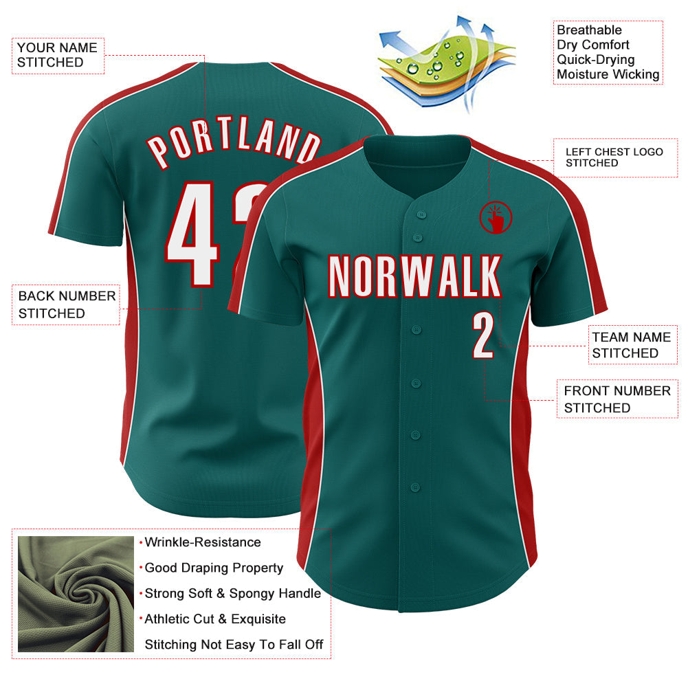 Custom Teal White-Red Classic Color Block Side Panel Stripe Authentic Baseball Jersey