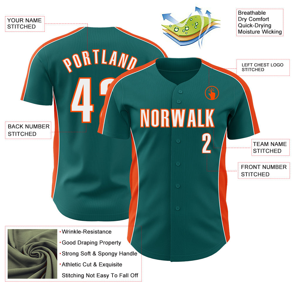 Custom Teal White-Orange Classic Color Block Side Panel Stripe Authentic Baseball Jersey