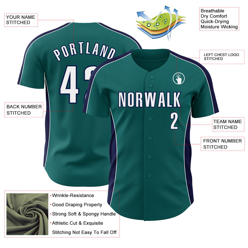 Custom Teal White-Navy Classic Color Block Side Panel Stripe Authentic Baseball Jersey