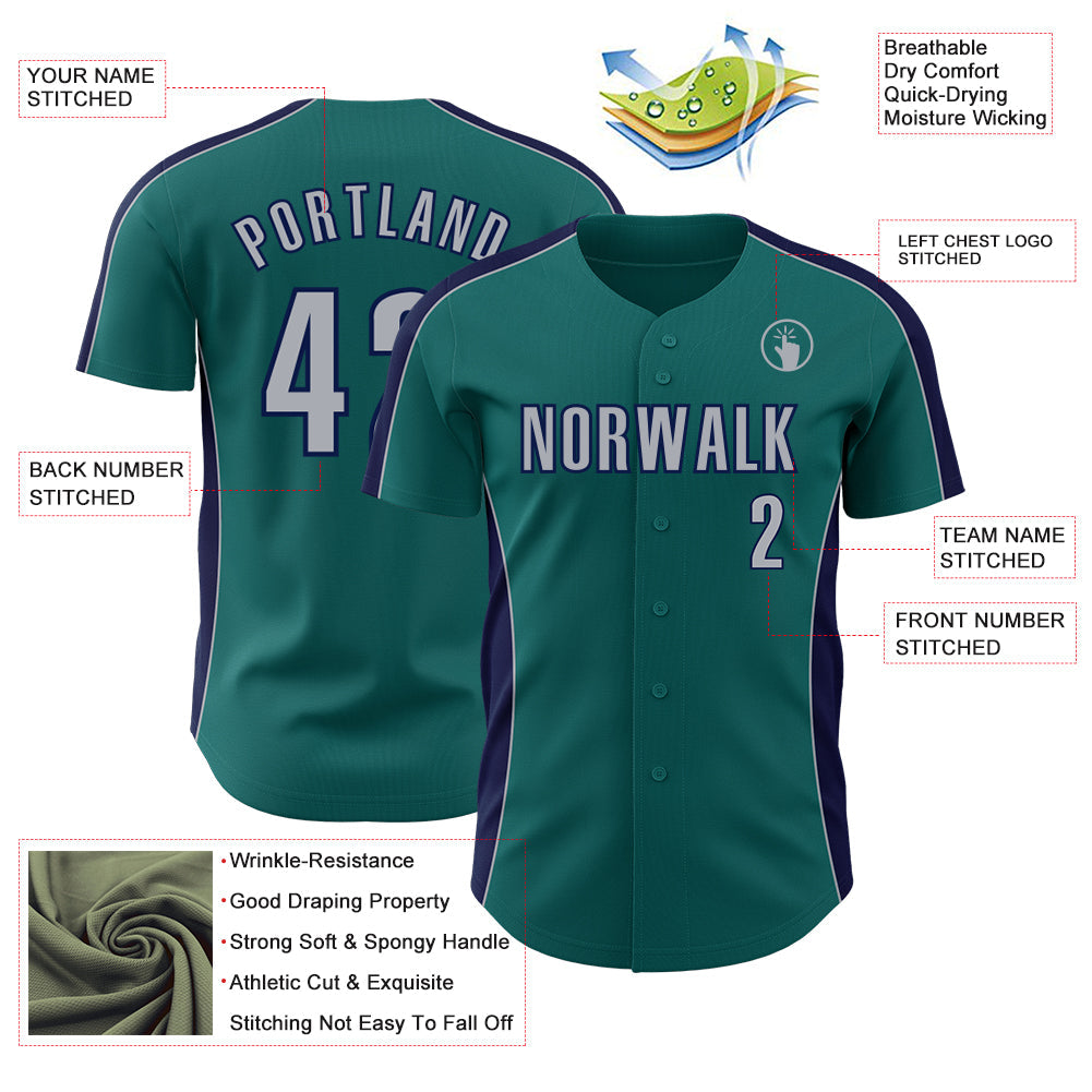 Custom Teal Gray-Navy Classic Color Block Side Panel Stripe Authentic Baseball Jersey