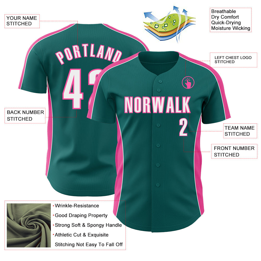 Custom Teal White-Pink Classic Color Block Side Panel Stripe Authentic Baseball Jersey