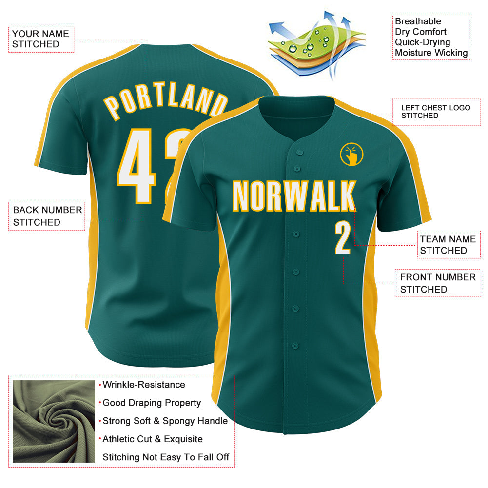 Custom Teal White-Gold Classic Color Block Side Panel Stripe Authentic Baseball Jersey