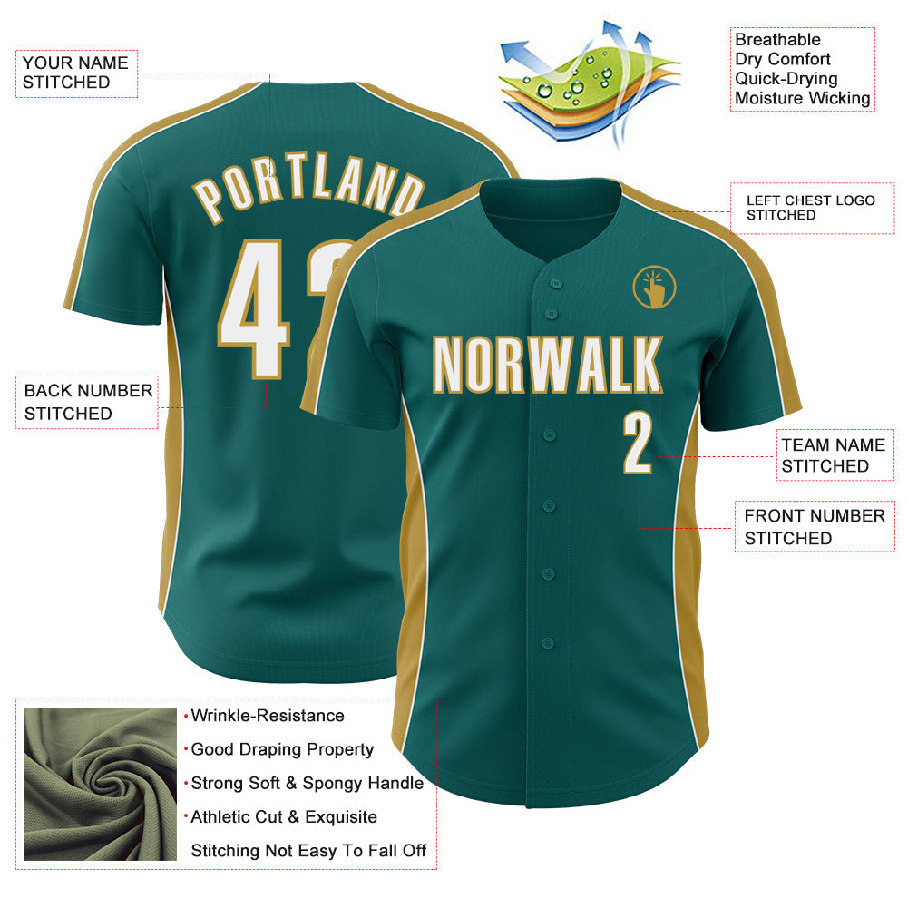 Custom Teal White-Old Gold Classic Color Block Side Panel Stripe Authentic Baseball Jersey