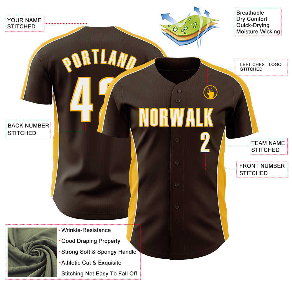 Custom Brown White-Gold Classic Color Block Side Panel Stripe Authentic Baseball Jersey