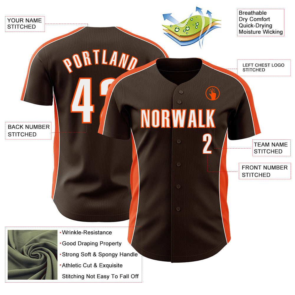 Custom Brown White-Orange Classic Color Block Side Panel Stripe Authentic Baseball Jersey