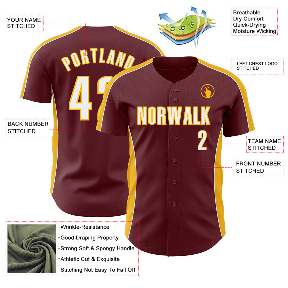 Custom Burgundy White-Gold Classic Color Block Side Panel Stripe Authentic Baseball Jersey
