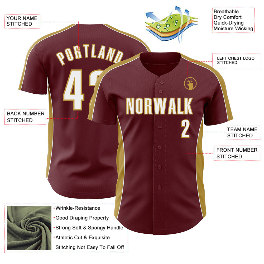 Custom Burgundy White-Old Gold Classic Color Block Side Panel Stripe Authentic Baseball Jersey