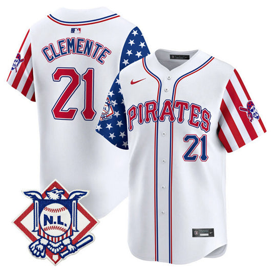 Pittsburgh Pirates #21 Roberto Clemente White 2024 Fourth of July Vapor Limited