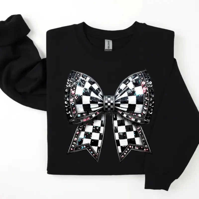 Plaid Coquette Bow Sweatshirt, Coquette Checkered Bow Sweatshirt, Fall Shirt, Retro Checkered Bow Shirt, Girly Fall Shirt...