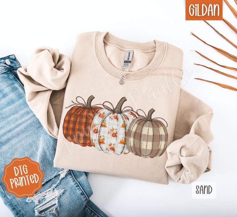 Plaid Floral Pumpkins Sweatshirt, Trendy Women's Fall Crewneck T-Shirts, Hoodie | WearSparks.com