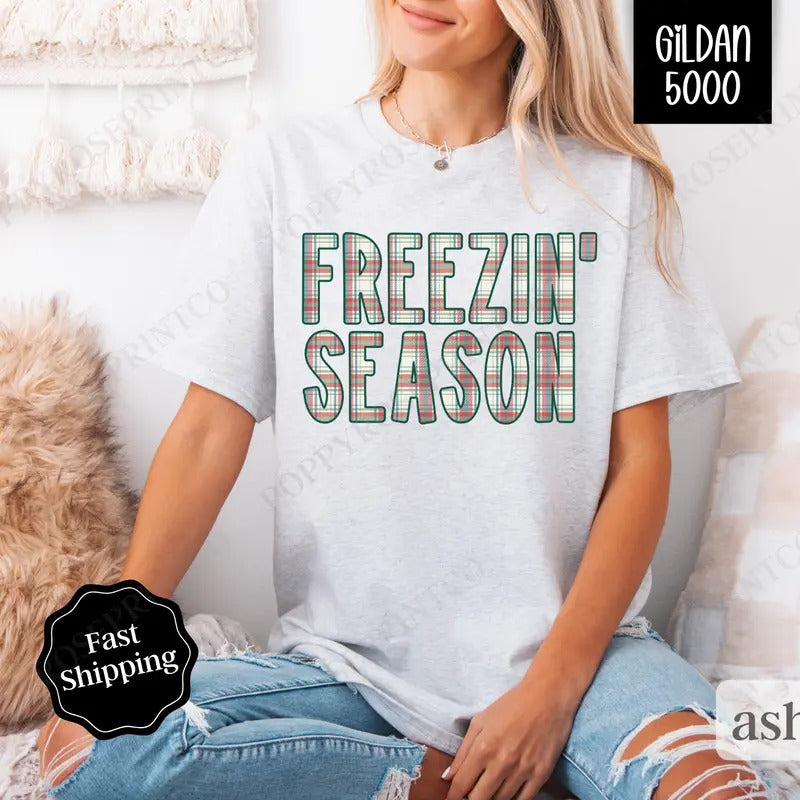 Plaid Freezin' Season Shirt Gildan, Trendy Women's Tee,  Winter Women's Tshirt Plus Sizes Hoodie, Sweatshirt | WearSparks.com
