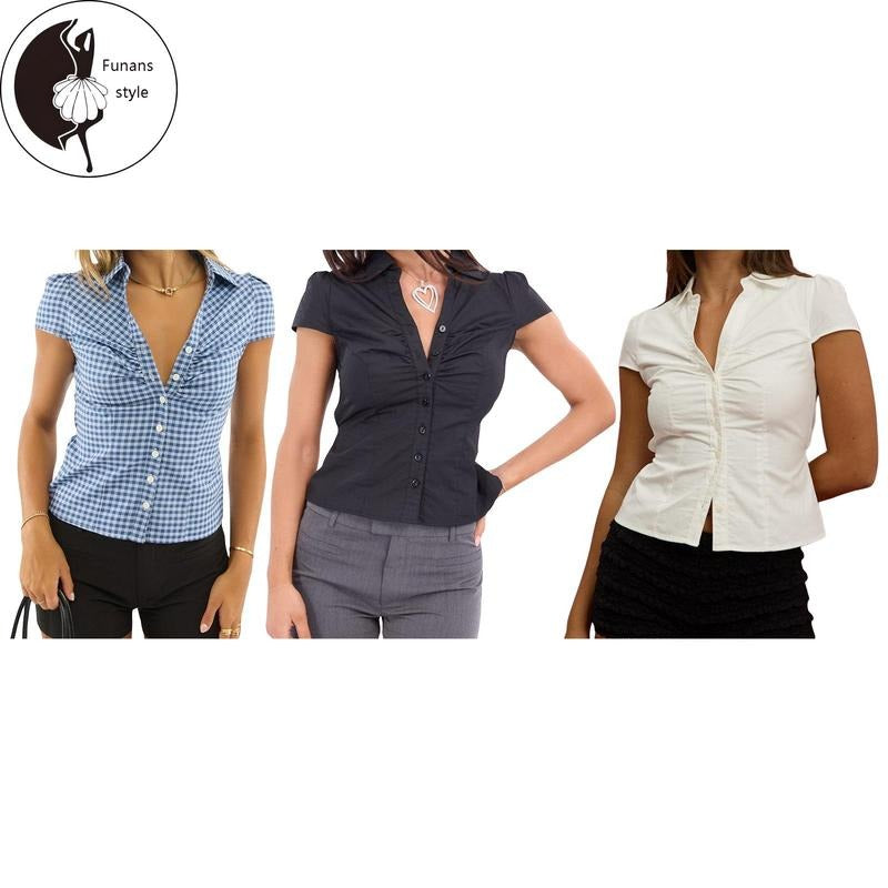 Women Shirt, Short Sleeve Button Closure Solid/Plaid Summer Tops Streetwear for Casual Daily Hoodie, Sweatshirt