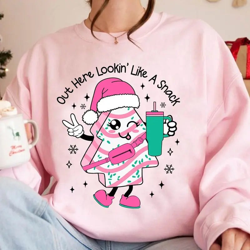 Plus Size Christmas Print Pullover Sweatshirt, Out Here Lookin Like A Snack Crew Neck Sweatshirt For Fall & Spring,...
