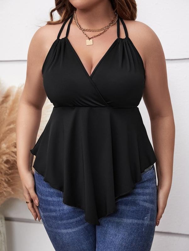Plus Size V Neck Sleeveless Backless Asymmetrical Hem Halter Cami Tank TopsY2K T-Shirts, Hoodie, Sweatshirt | WearSparks.com