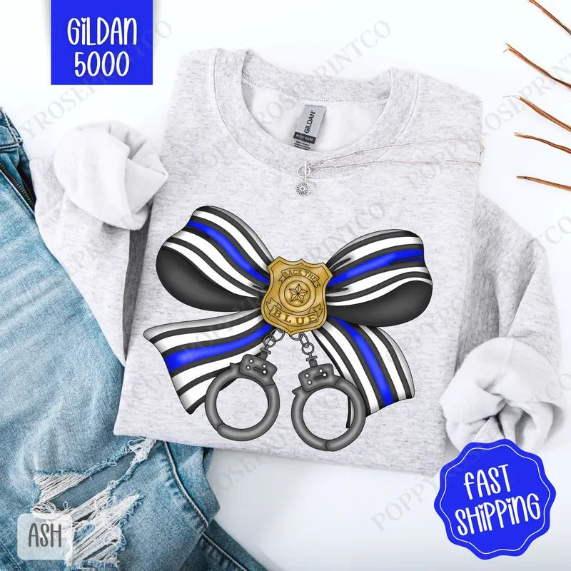 Police Coquette Bow Sweatshirt, Bow Crewneck, Cute Women's Sweater T-Shirts, Hoodie | WearSparks.com