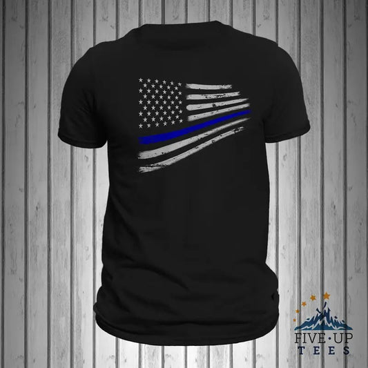 Police Thin Blue Line Flag Warped Design Men's T-shirt Casual Crewneck Hoodie, Sweatshirt | WearSparks.com