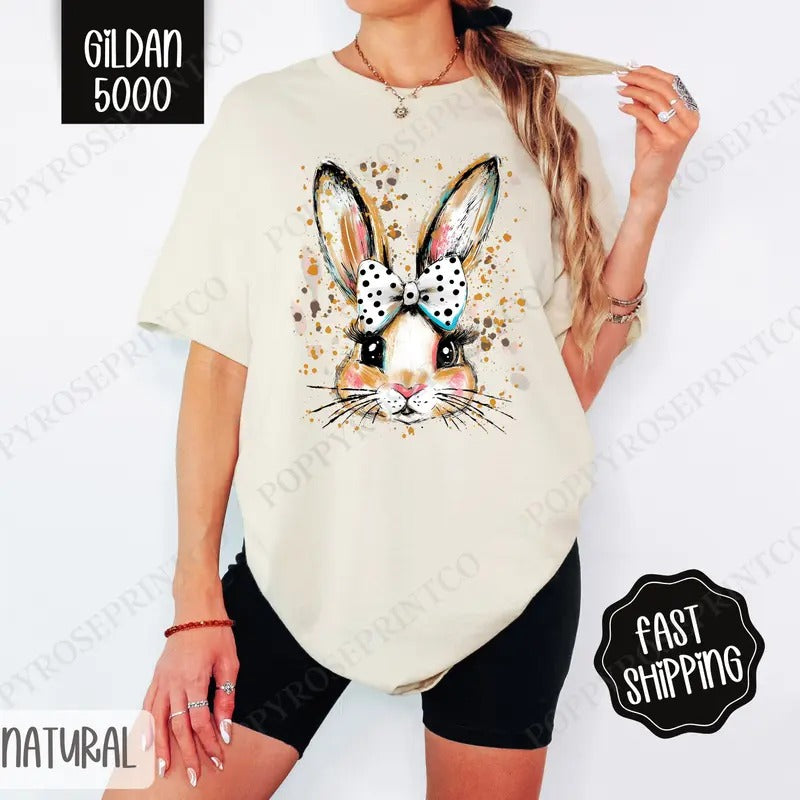 Polka Dot Bow Bunny Shirt Gildan, Cute Easter Tee, Trendy Religious Women's Tshirt Plus Sizes, Gift for Her Hoodie,...