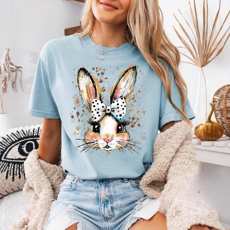Polka Dot Bow Bunny Shirt, Easter Religious Women's Tee, Spring Bunny Casual Top, Coquette Bunny Tee, Gift for Her...