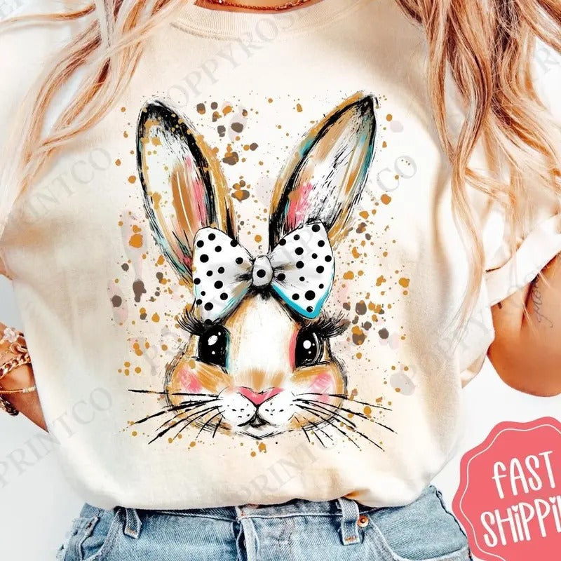 Polka Dot Bow Bunny Shirt, Easter Shirt, Religious Women's Tee, Spring Bunny Shirt, Coquette Bunny Tee, Gift for Her...