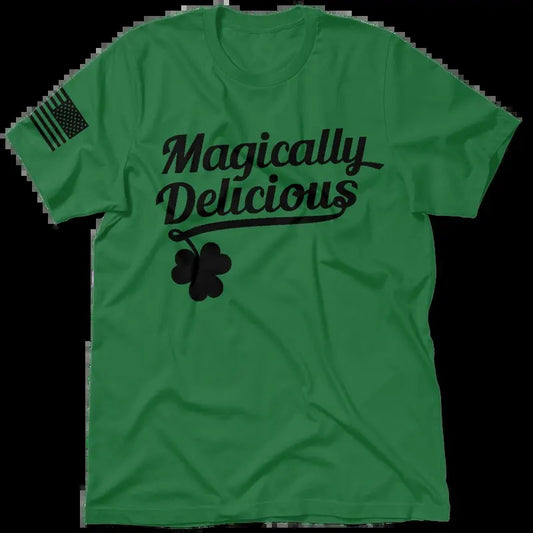 Magically Delicious Kelly Green Work T-Shirt Jersey Men's 30-Day Guarantee Quality Cotton/Poly Blend Top with Blue Collar...