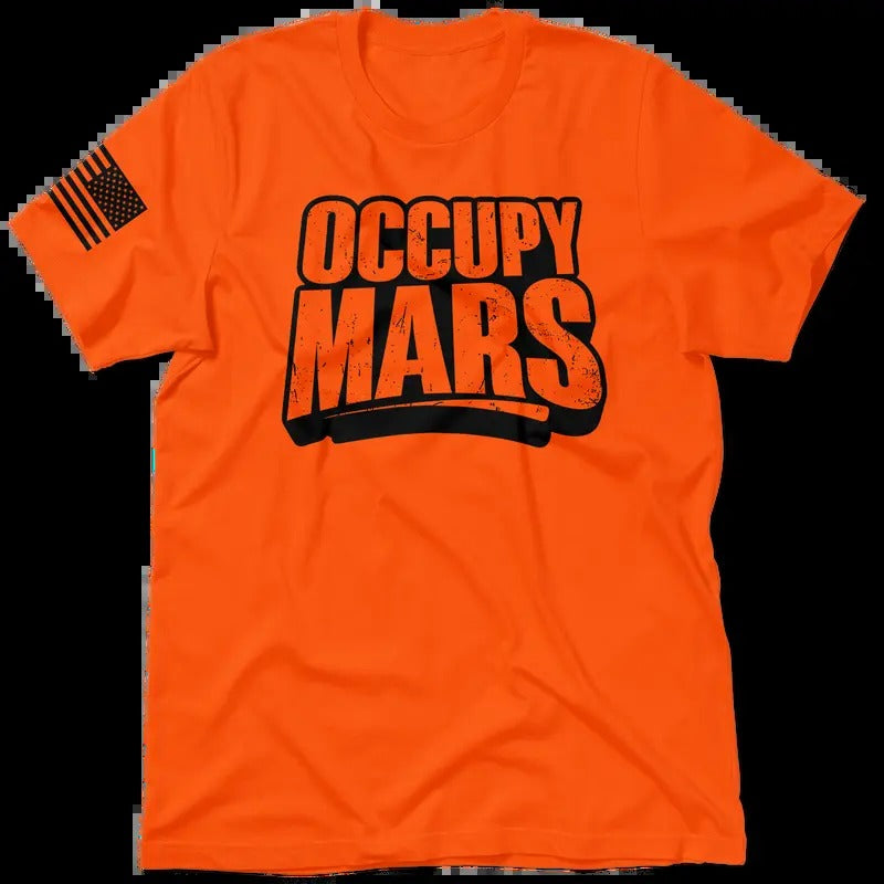 Occupy Mars Hi Visibility Safety Orange T-Shirt Jersey Men's 30-Day Guarantee Quality Cotton/Poly Blend with Blue Collar