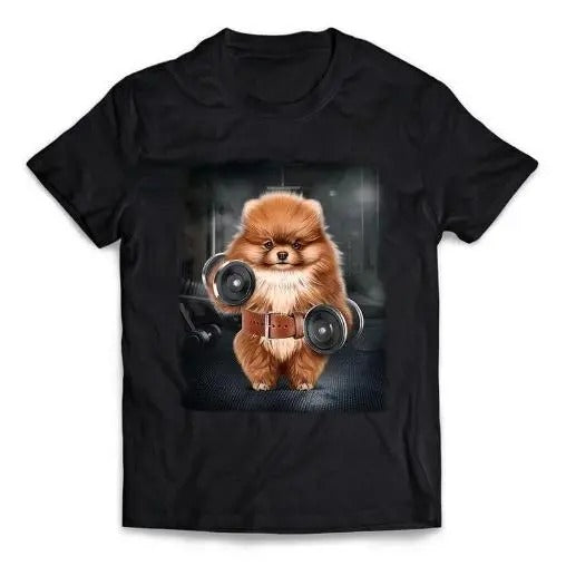 Pomeranian Dog Muscle Workout with Dumbbells at Gym - Short-Sleeve Unisex T-Shirt Made in USA Hoodie, Sweatshirt