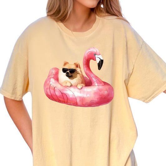 Pomeranian Flamingo Float Dog Shirt ~ Unisex Apparel Relaxed Fit Printed In The USA Clothing Womenswear Casual Comfort...