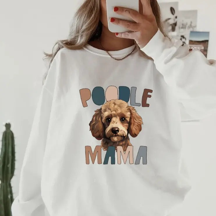 Poodle Mama Crewneck, Retro Cotton, Crewneck Fashion Fit Sleeve Comfortable Cute, CASUAL COTTON CREWNECK HOODIE, WOMENS...