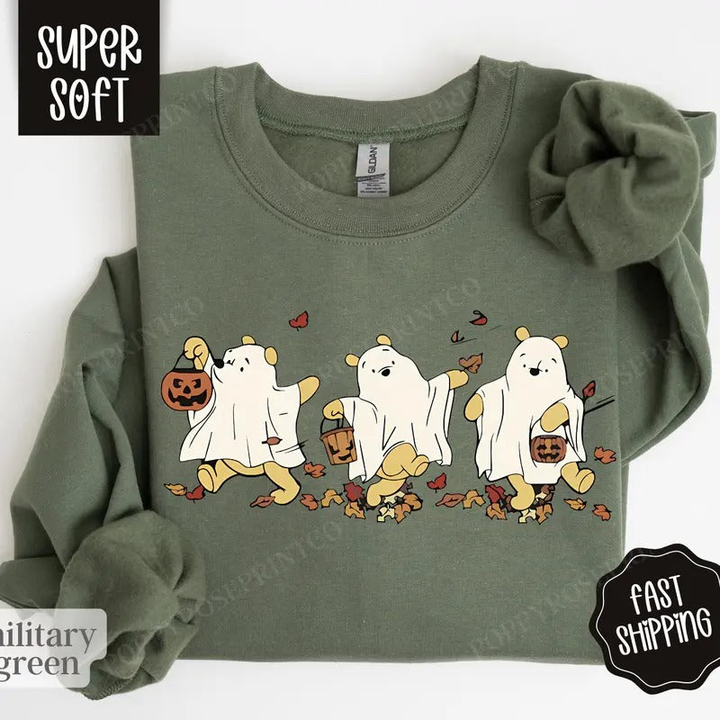 Pooh Bear Halloween Sweatshirt, Cartoon Bear Halloween Sweater, Women's Fall Crewneck T-Shirts, Hoodie | WearSparks.com
