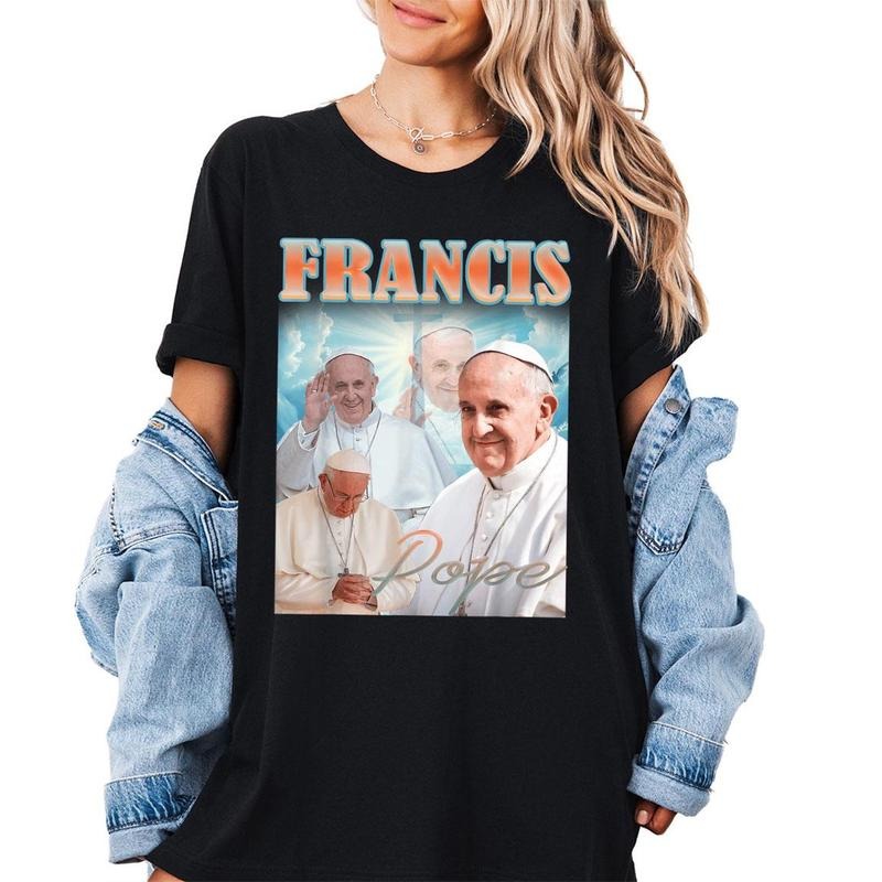 Pope Francis Retro Bootleg T-Shirt, Pray for Pope Francis Shirt, Vatican Catholic Faith Shirt, Christian Religious Papa...