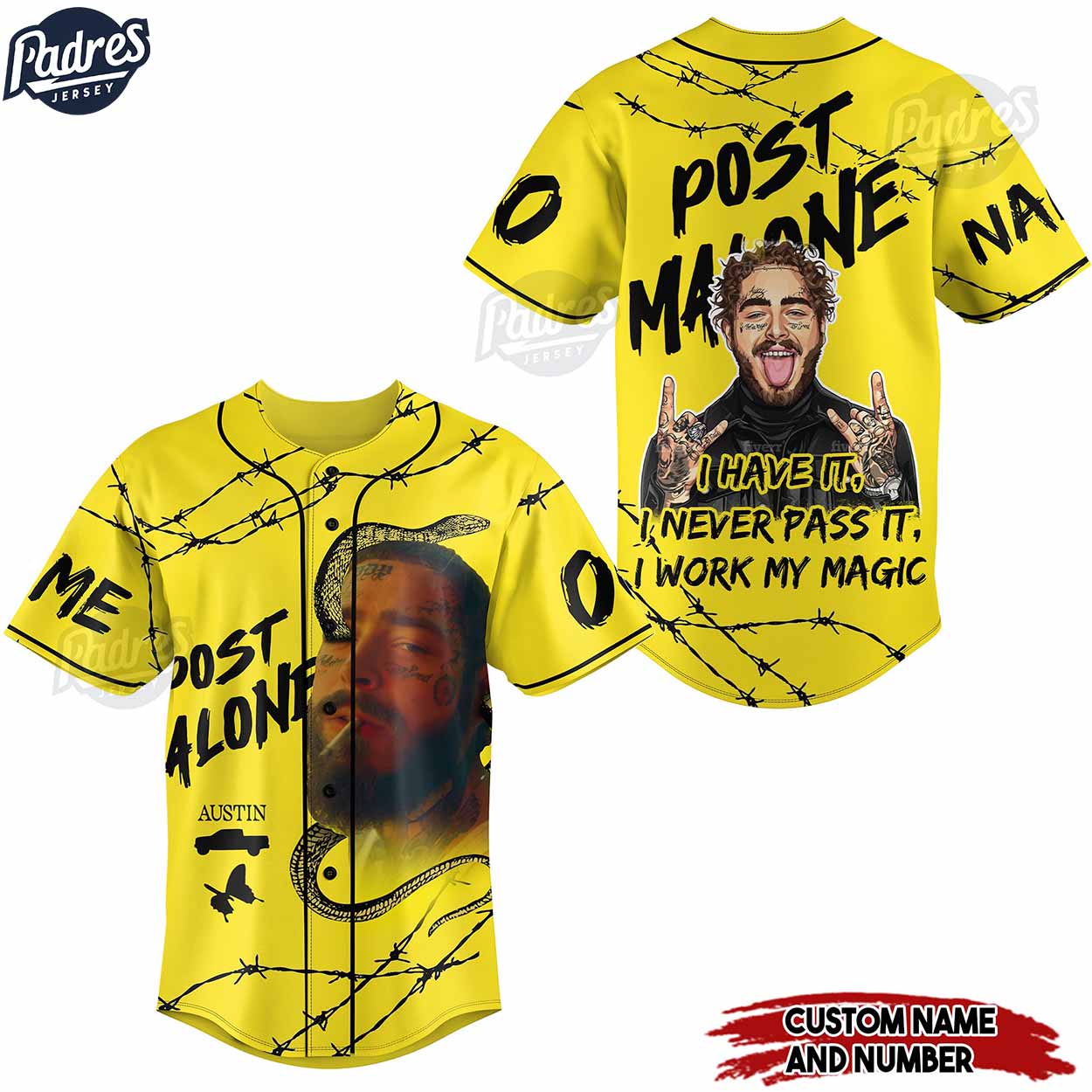 Post Malone Custom Baseball Jersey Fan Gear - Padres Jersey Oasis: Elevate Your Baseball Style Game T-Shirts,... (Image 1)