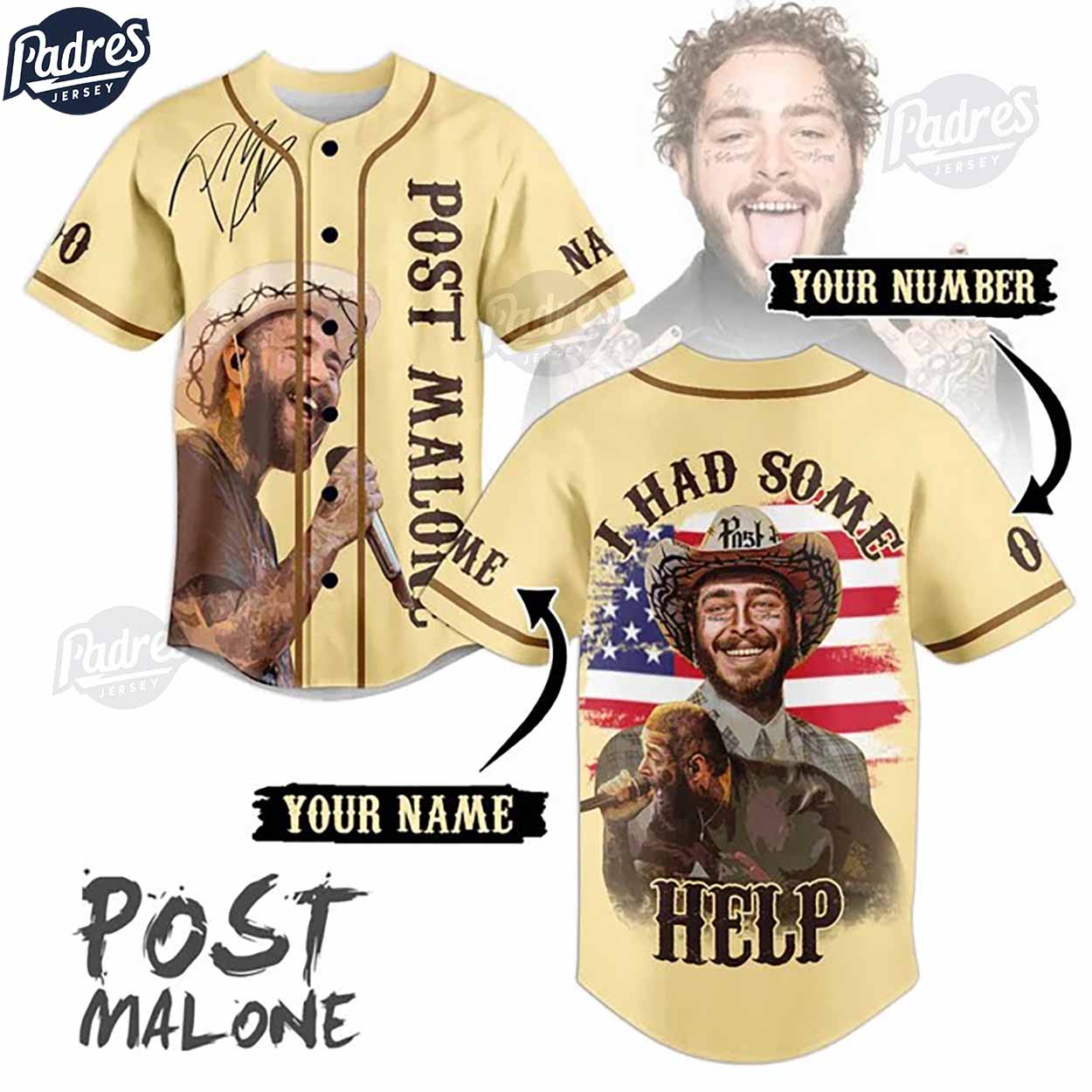 Post Malone I Had Some Help Custom Baseball Jersey - Padres Jersey Oasis: Elevate Your Baseball Style Game... (Image 1)