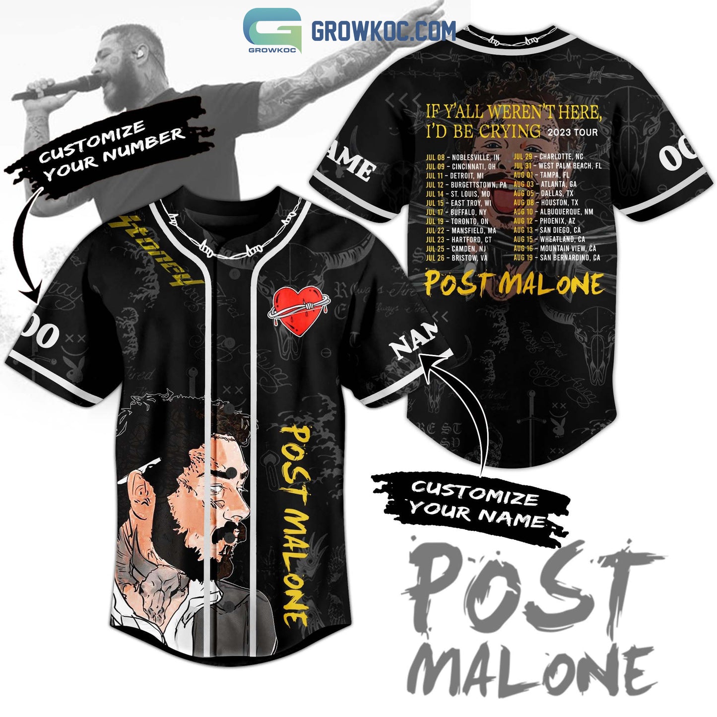 Post Malone If Y’All Weren’t Here I’D Be Crying 2023 Tour Personalized Baseball Jersey