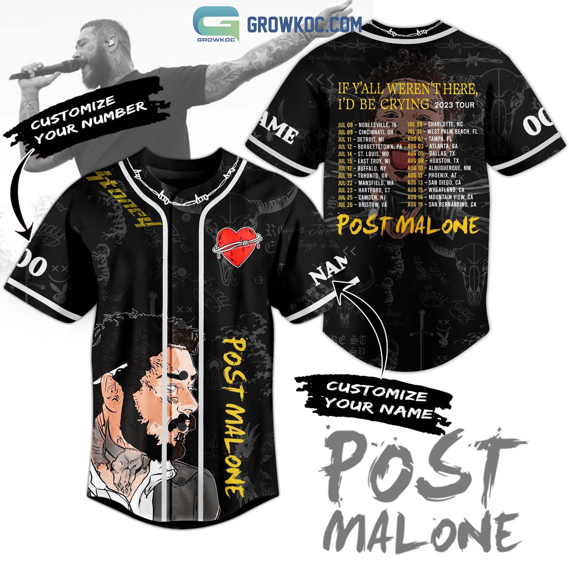 Post Malone If Y’All Weren’t Here I’D Be Crying 2023 Tour Personalized Baseball Jersey