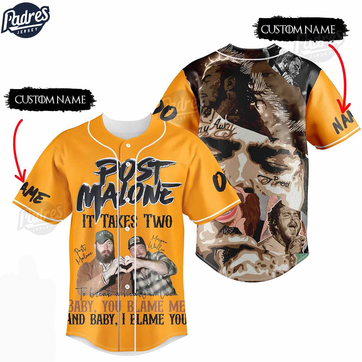 Post Malone It Takes Two To Break A Heart In Two Custom Baseball Jersey - Padres Jersey Oasis: Elevate Your... (Image 1)