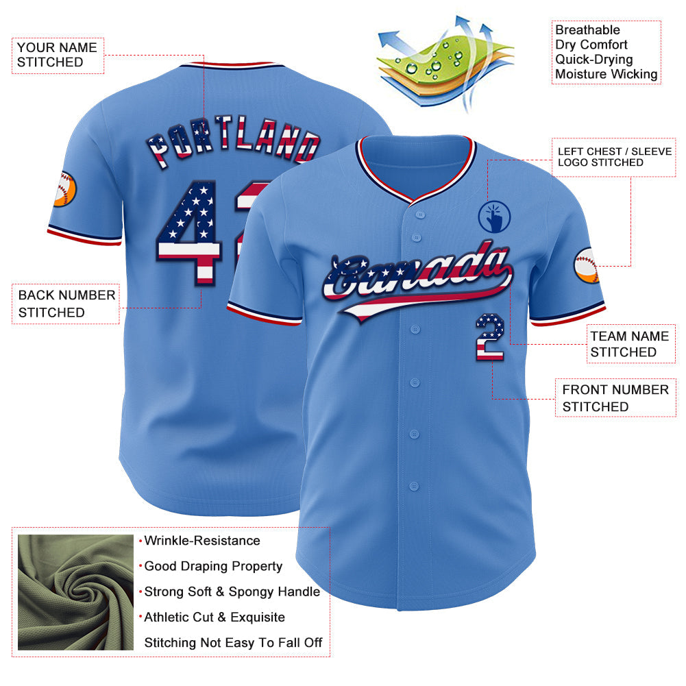 Custom Powder Blue USA Flag Navy Red-White Authentic Baseball Jersey
