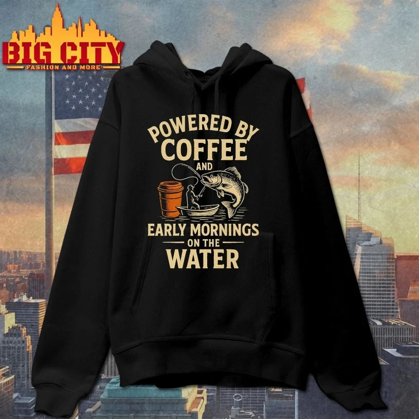 Powered by coffee and early mornings on the water shirt