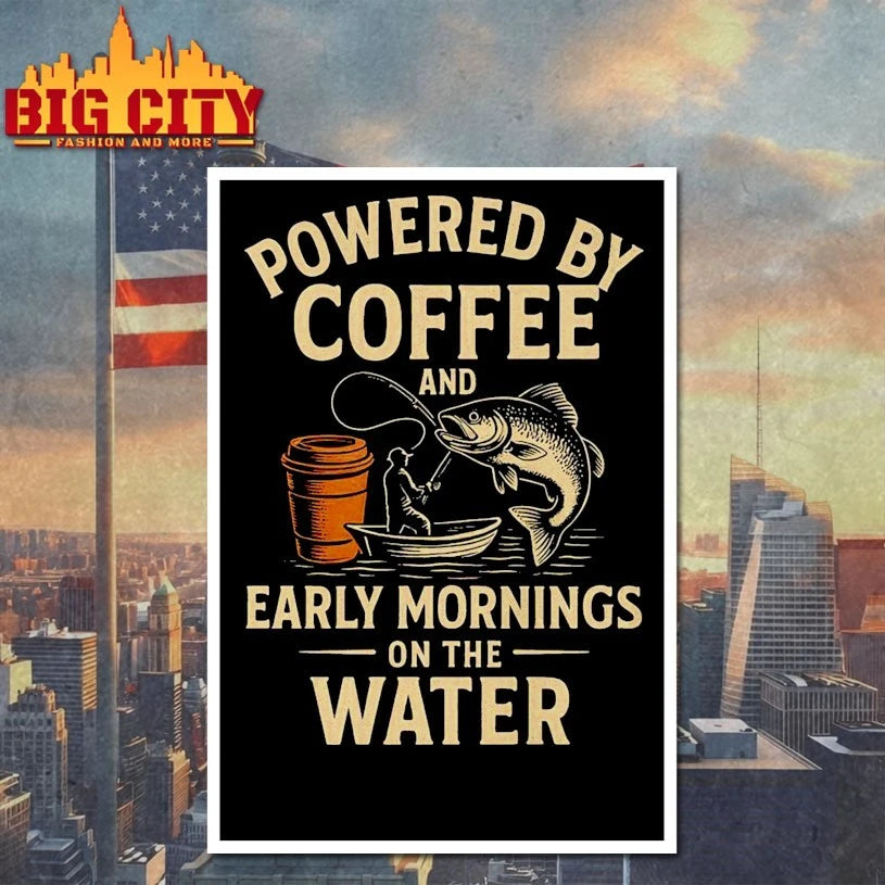 Powered by coffee and early mornings on the water shirt